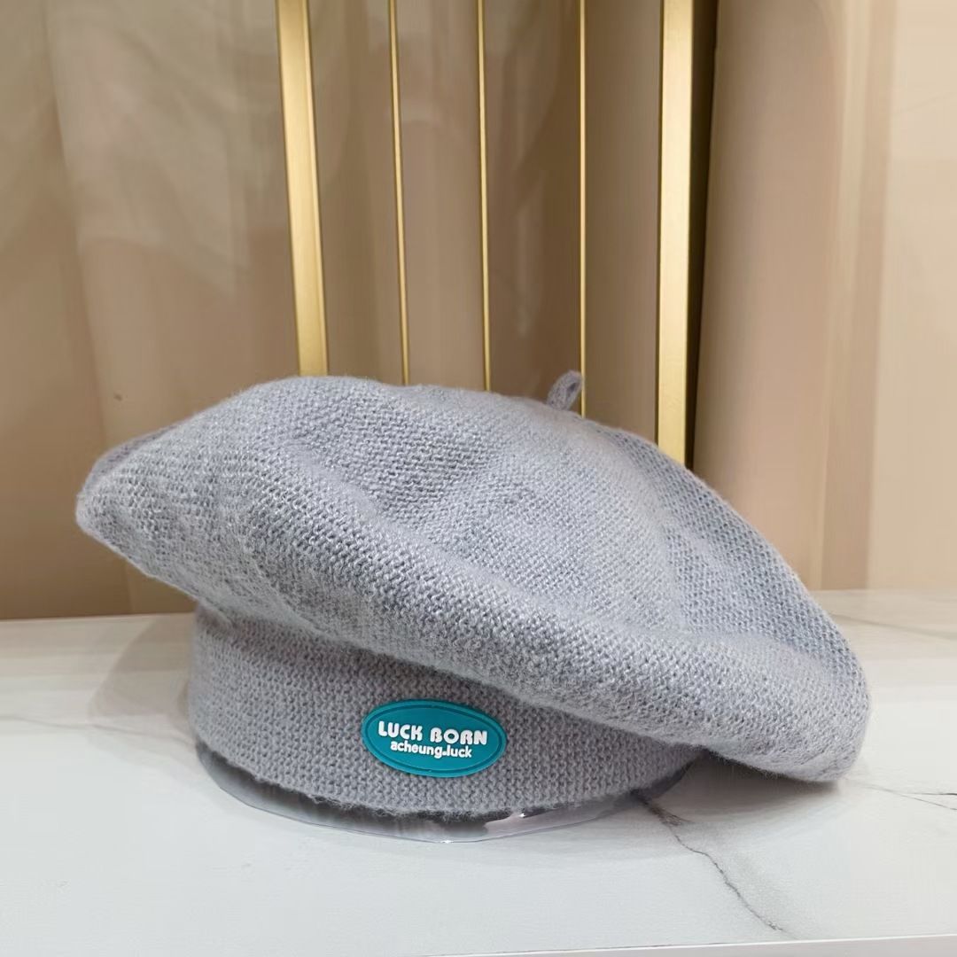Béret tricoté avec écusson jaune Ins pour femme, chapeau de peintre japonais octogonal, rétro, , nuage, automne et hiver: Gray