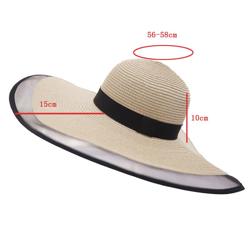 Solhatte til kvinder piger brede rand floppy stråhat sommer bohemia strand cap bånd chapeau femme ete sort