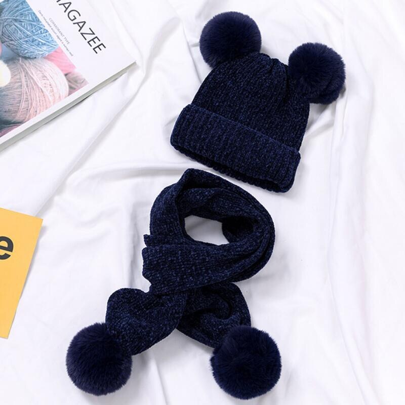 Enfants hiver chapeau et écharpe enfant côtelé tricoté chapeau 2 pièces ensemble bébé filles garçons oreille Protection casquette Pom Pom foulards 0-3T