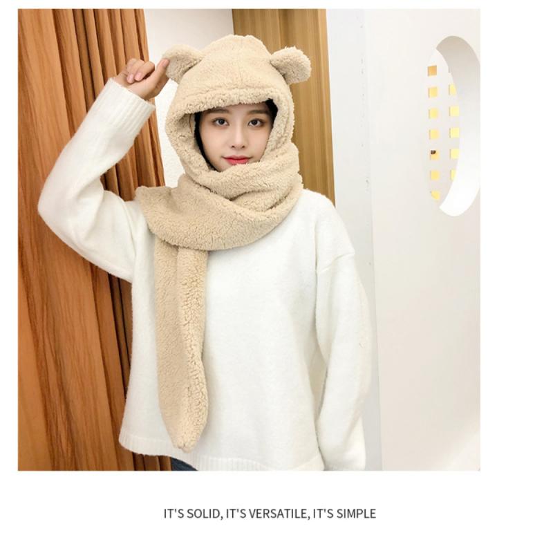 Oor Geïntegreerde Warme Muts Beanie Winter Hoeden Vrouwen Meisjes Schattige Beer Sjaal Dikke Warme Oor Winter Cap