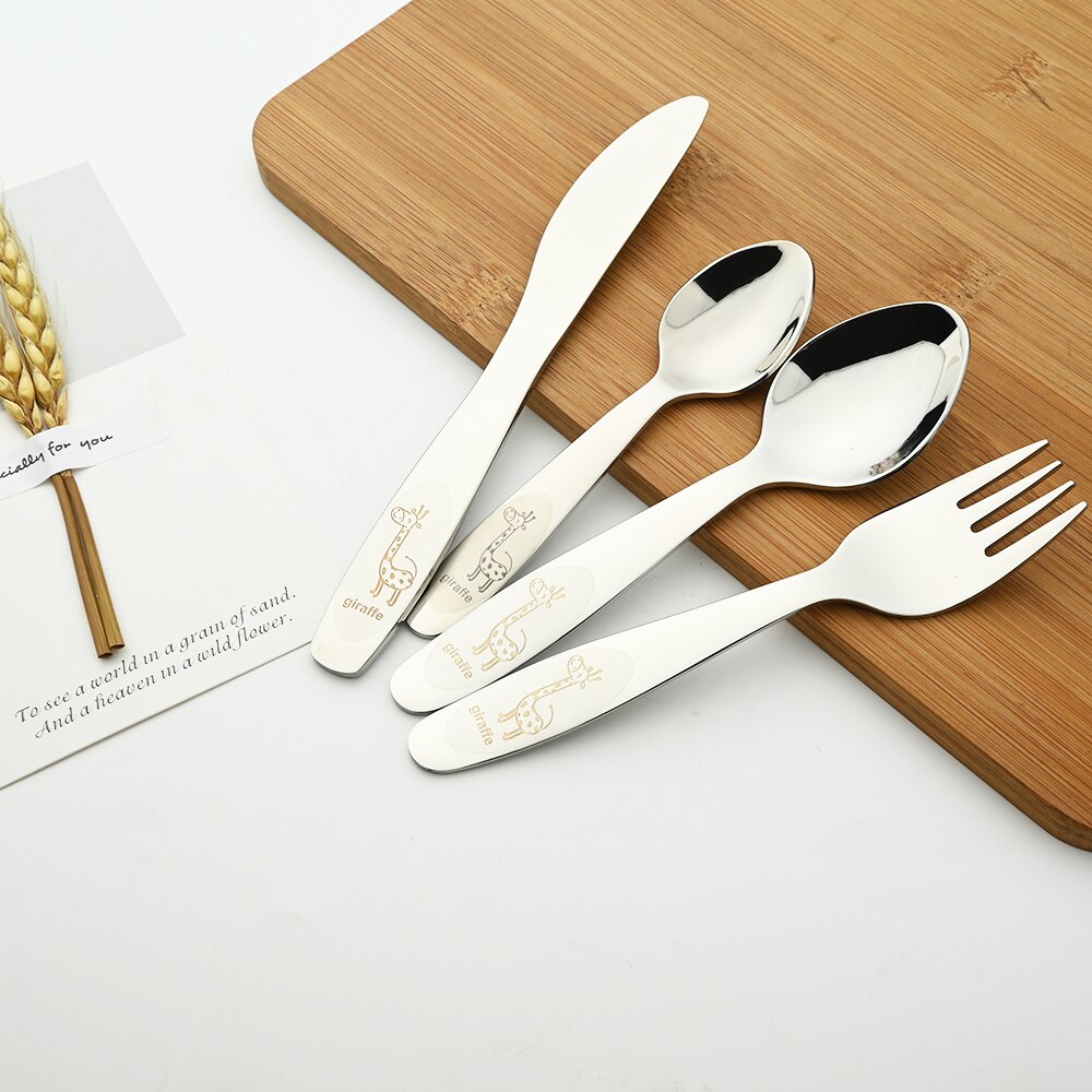 Cartoon Dinnerware 18/10 Stainless Steel Set Baby Dishes Dinner Spoons Fork Knife Baby Kids Learning Eating Children Tableware