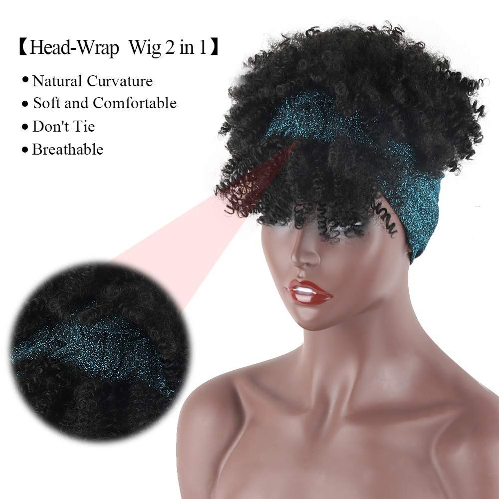 Afro Puff Turban Synthetic Wig Short Kinky Curly Headwrap Drawstring Wrap-wig 2 in 1 Updo Head-Wrap Wig for Black Women