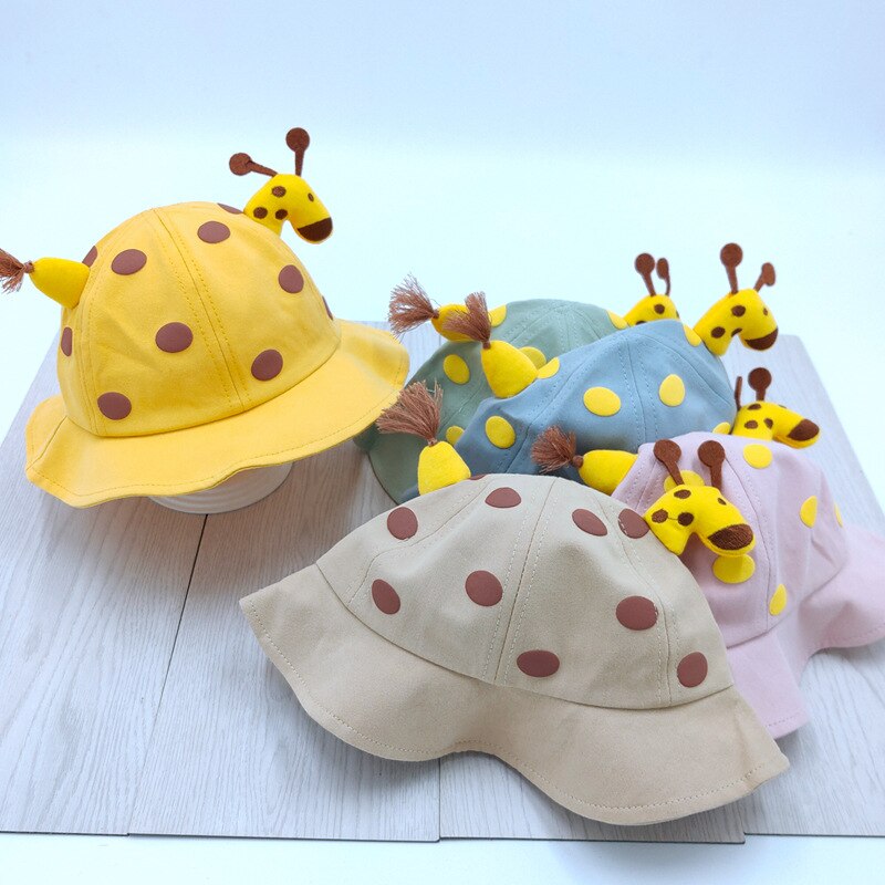 Children Sun Hat Lovely Giraffe Doll Decorate Hat for Boys Girls Spring Autumn Dot Solid Breathable Kids Toddler Fisherman Hat