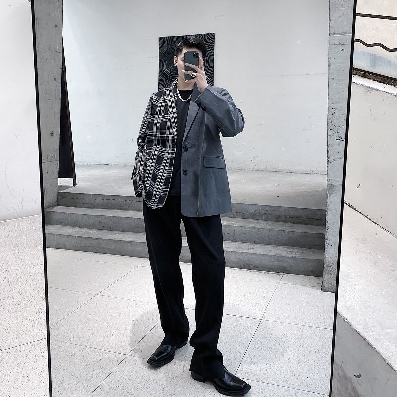 Iefb / herretøj kontrastfarve grå plaid print blazere personlighed all-match løs jakke frakke stor størrelse efterår   y4103