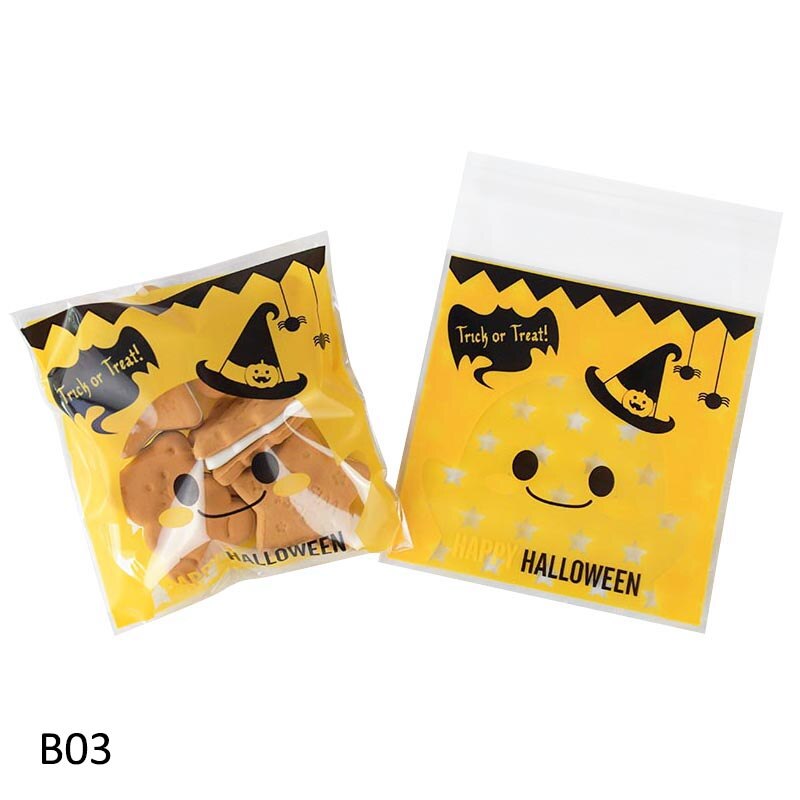 10*10cm läpinäkyvää muovia karkkipussi halloween herkkupussi keksi keksit pakkaus halloween syntymäpäiväjuhlien sisustustarvikkeet: B03 temppua tai hoitoa / 100 kpl