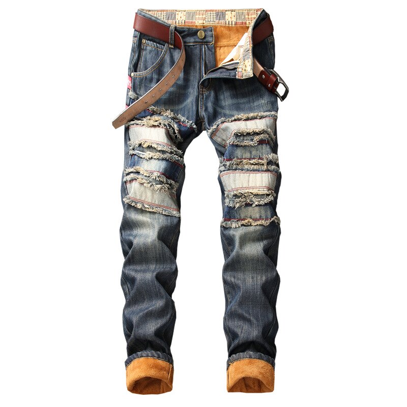 Mannen Winter Warm Ripped Jeans Broeken Fleece Vernietigd Denim Broek Dikke Thermische Verontruste Jeans Patchwork