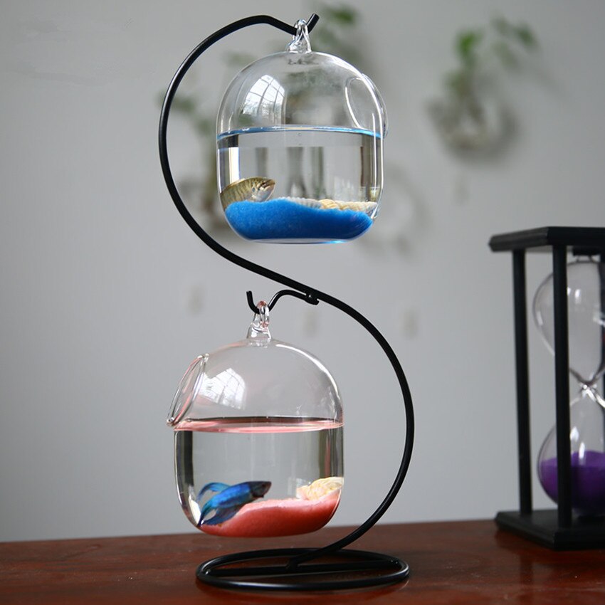 Mini Desktop Fish Tank Ornament Hanging Display Rack Aquarium Plant Pot With Metal Stand Home Decor Garden Supplies