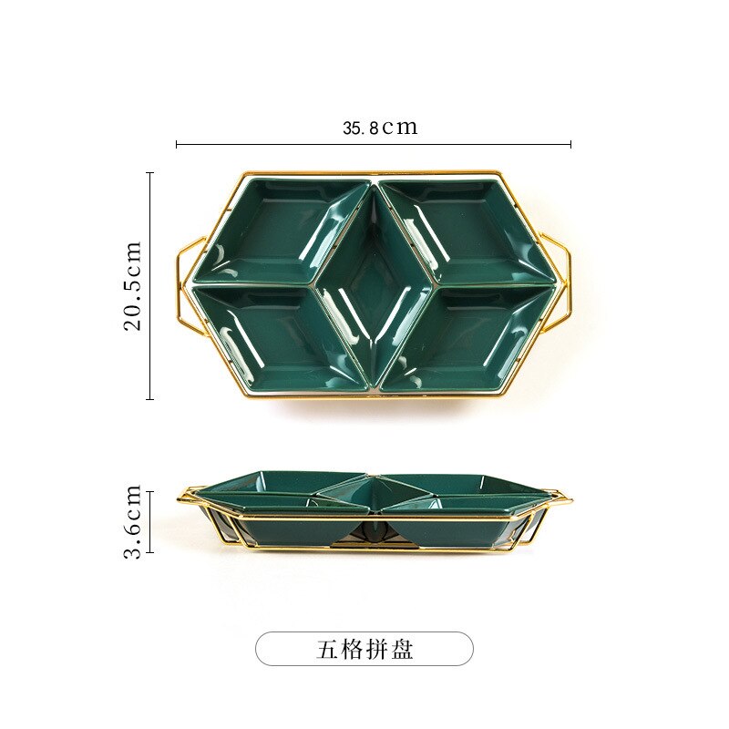 European-style Iron Art Ceramic Platter Diamond-shaped Fruit Plate Divided Cake Snack Nut Plates: 5grids green