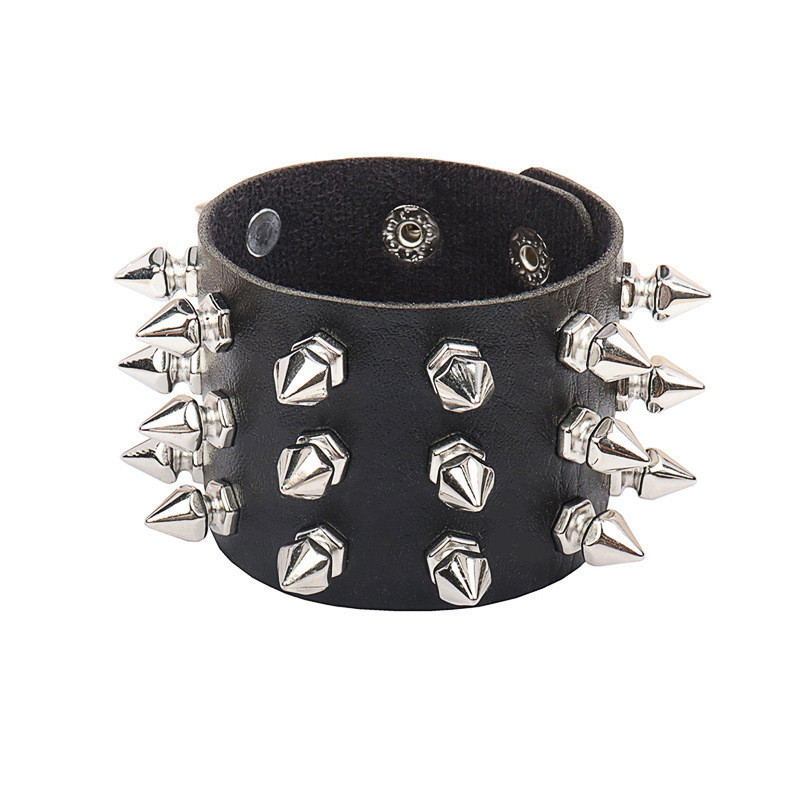 90s Punk Leather Bracelet for Men Women Rivet Cuff Bangle Bracelet Adjustable Black Leather Wristband with Metal Studded Jewelry