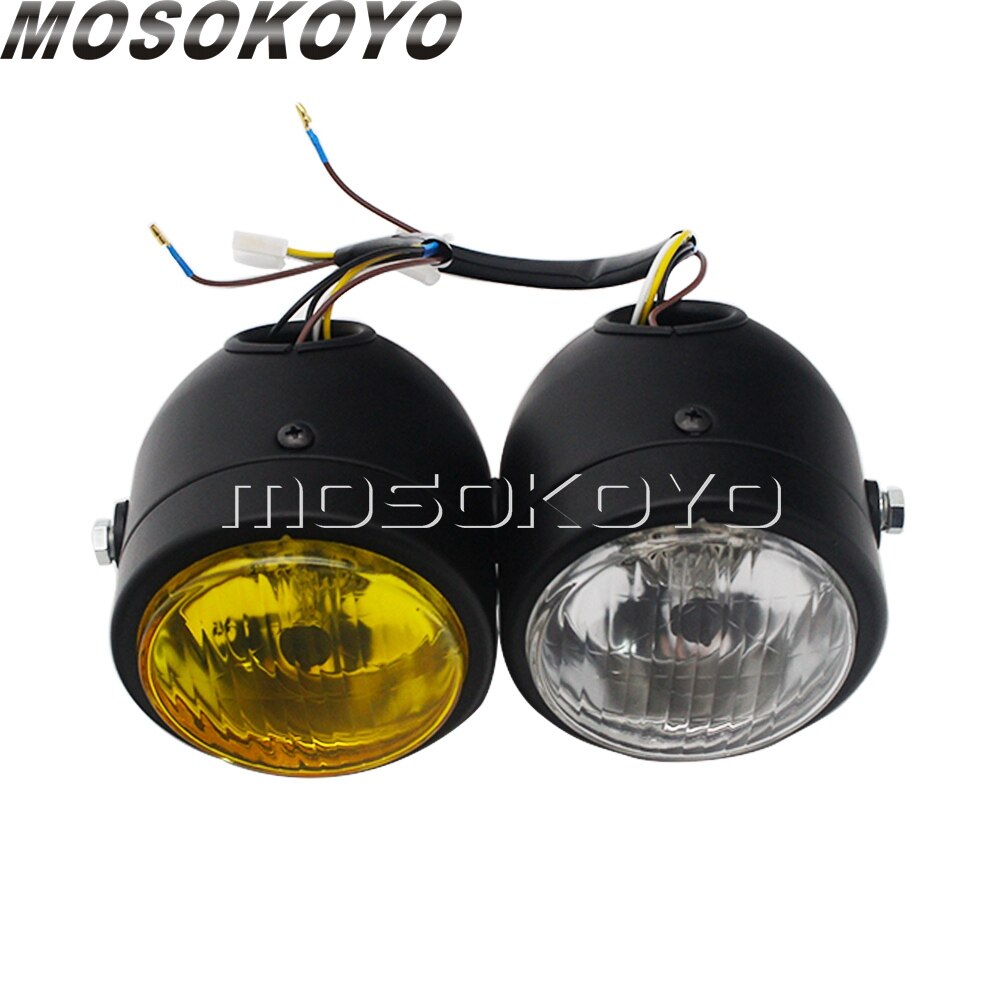 Motorcycle Twin Round Dominator Headlight 3.5" Double Dual Lamp Front Headlamp for Harley Cafe Racer Old School Chopper Bobber
