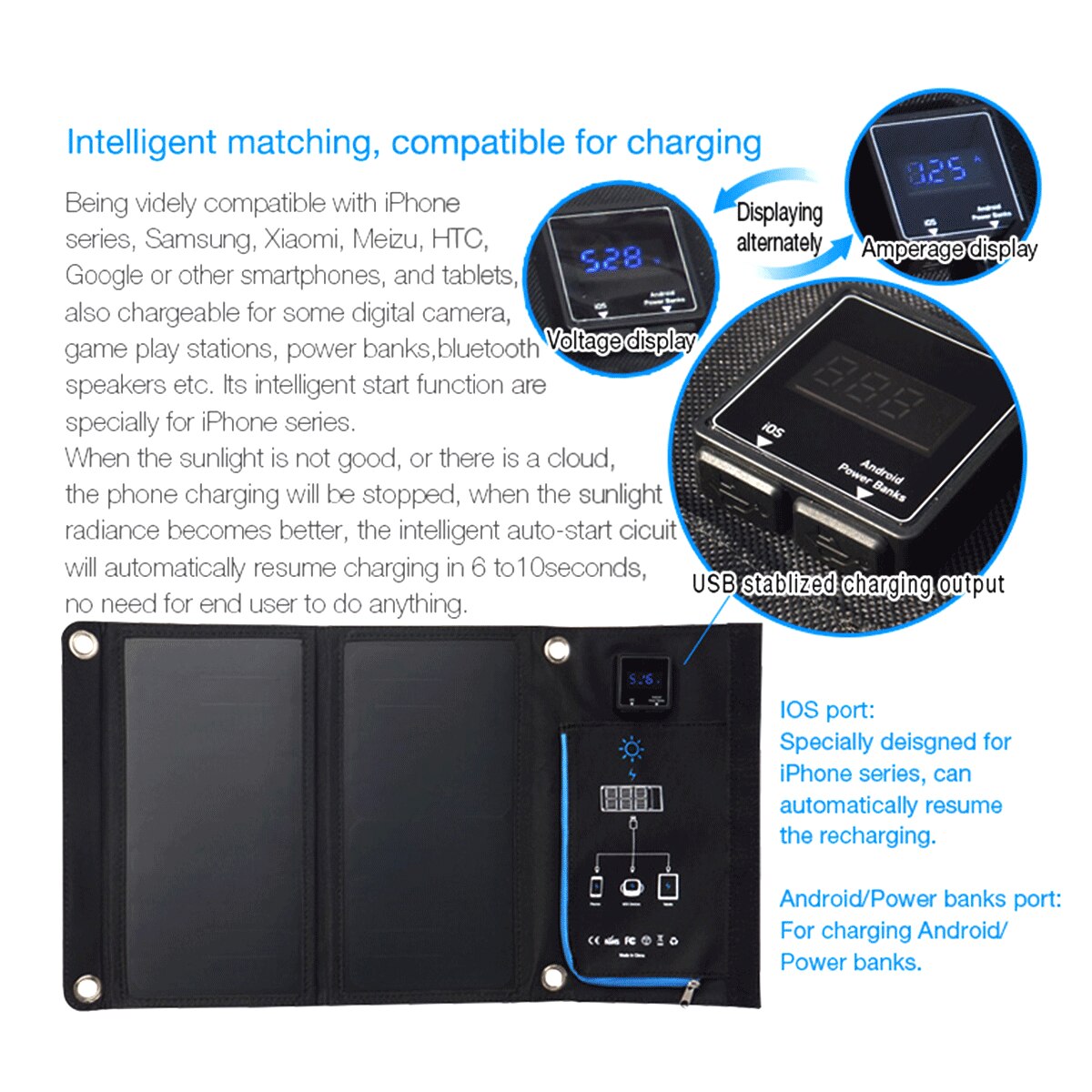 Tarrahaw Portable 15W Folding Solar Mobile Power Waterproof Photovoltaic Charger Battery Dual Display Outdoor 5V USB Solar Panel