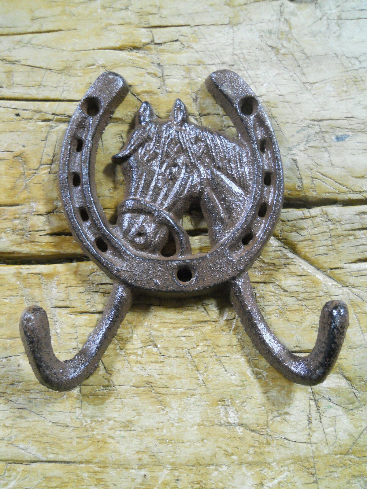 1 Cast Iron Rustic Ranch HORSE HEAD 2 HOOK Coat Hooks Rack Towel HorseShoe