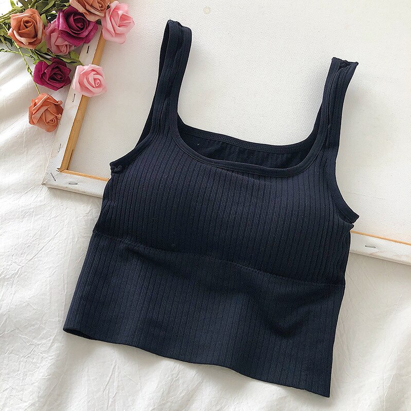 petit col carré sous-vêtements pour femmes, couleur unie, sans anneau en acier, haut à tube fin, gilet pour femmes,: Black