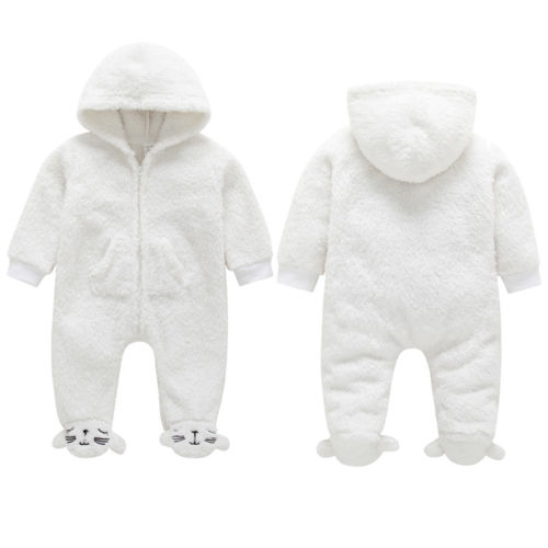 Pasgeboren Baby Jongen Meisje Fuzzy Hooded Romper Baby Winter Warm Rits Jumpsuit Outfits Set Kleding 0-12 m