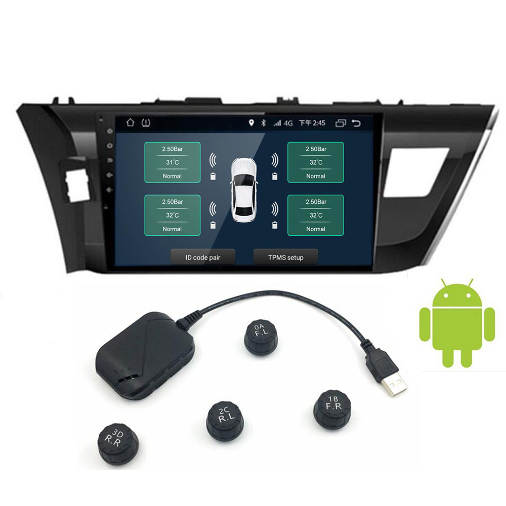 Monitor de pressão de pneus de carro tpms usb, com 4 sensores externos, sistema de alarme de monitoramento, 5v sem fio