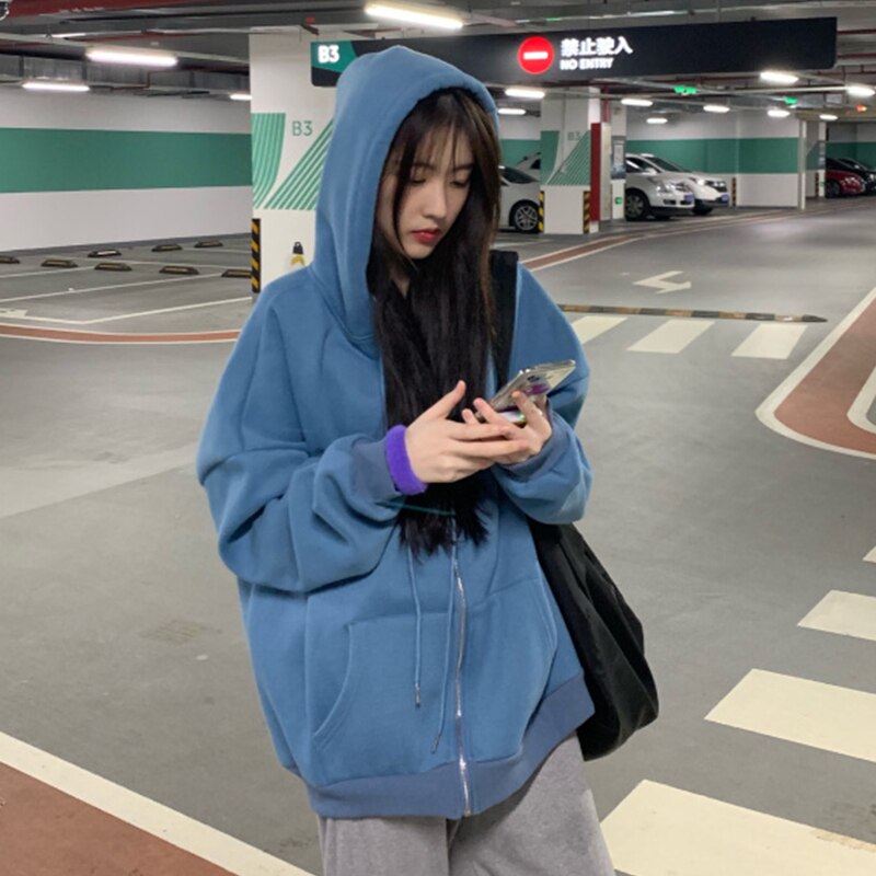 Sudadera con capucha para mujer, estilo japonés, Vintage, de Color sólido, manga larga, sobredimensionado, para oficina y mujer, abrigos grandes informales: blue