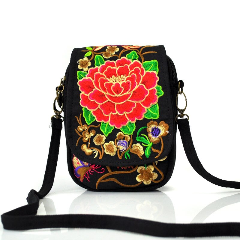 Vrouwen Schoudertas Travel Pouch Vintage Bloemen Geborduurde Crossbody Zip Tas Geborduurd Mobiele Telefoon Tas: Red