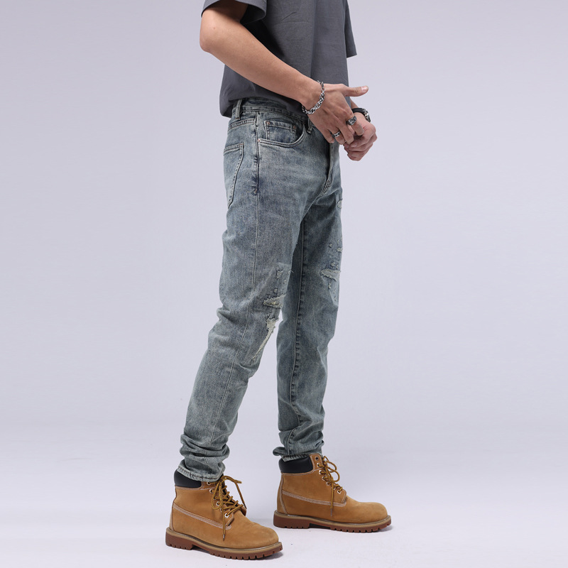 Streetwear Men Jeans Retro Blue Destroyed Patched Ripped Jeans Men Vintage Slim Fit Casual Stretch Denim Pants