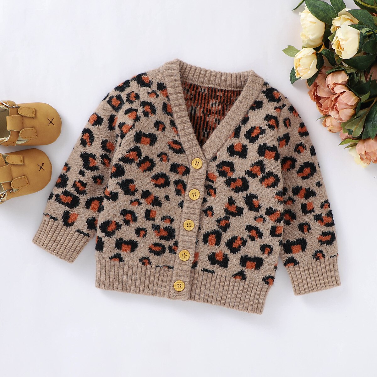 Autumn Winter 0-24M Leopard Print Baby Girls Sweater Coat Long Sleeve V-Neck Button-up Casual Cardigan