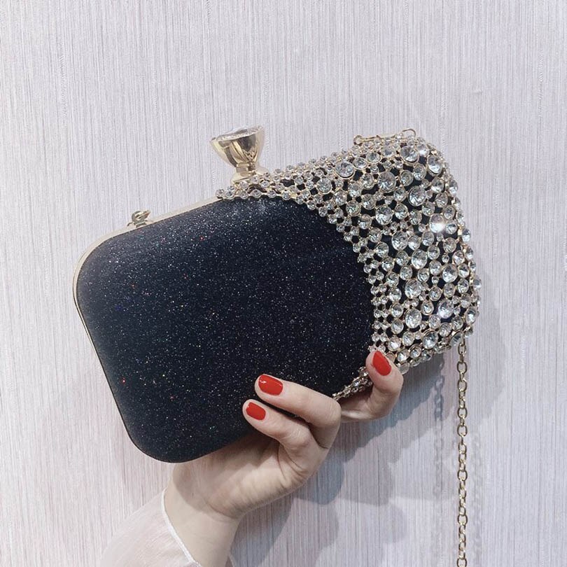 Kvinder clutch aftentaske beaded krystal dame bryllup pung rhinestones håndtasker sølv sort aften clutch tasker til kvinder: Sort