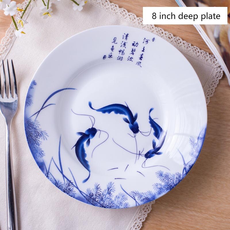 8/10inch Jingdezhen Plate Ceramic Bone china Dinner Plates Fish Pattern Decoration Dish Round Fruit Saucer Tableware Dinnerware: B