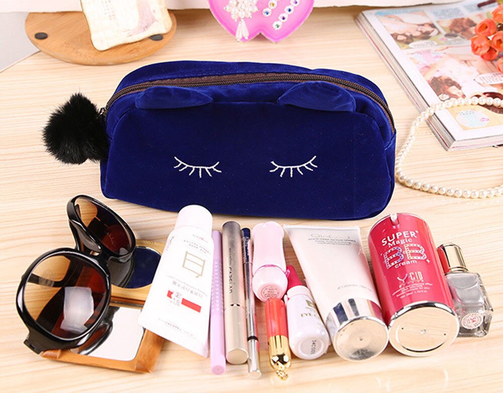 Vrouwen Cosmetische Tas Leuke Pom Pom Kat Patroon Makeup Case Vrouwelijke Organisator Tas Blauw Etui