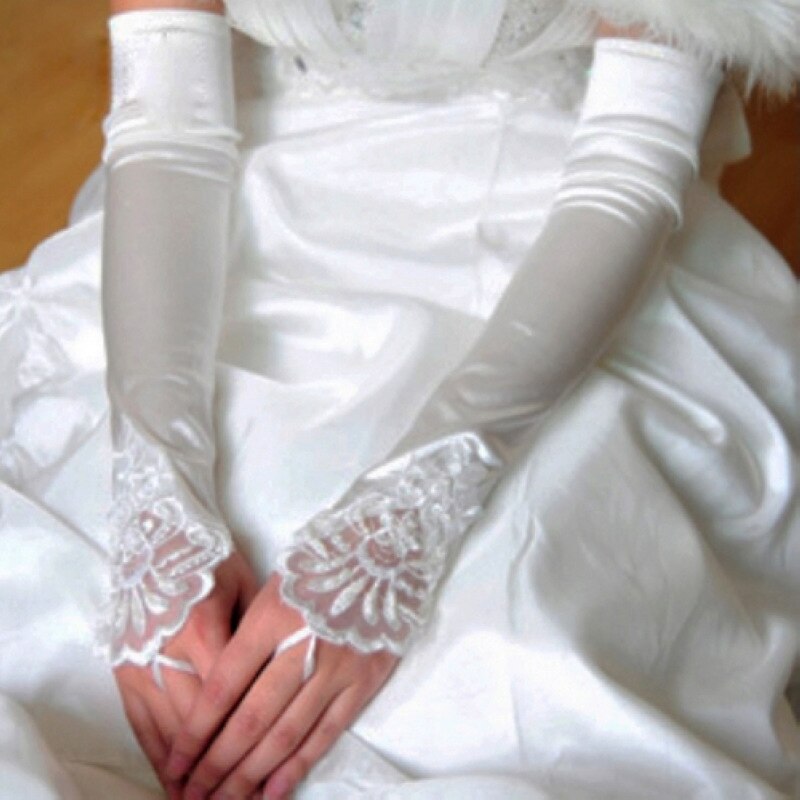 Ladies Long Bridal Glove Sheer Beading White Lace Fingerless Satin Gloves for Bride Weeding Accessoire vestidos de novia