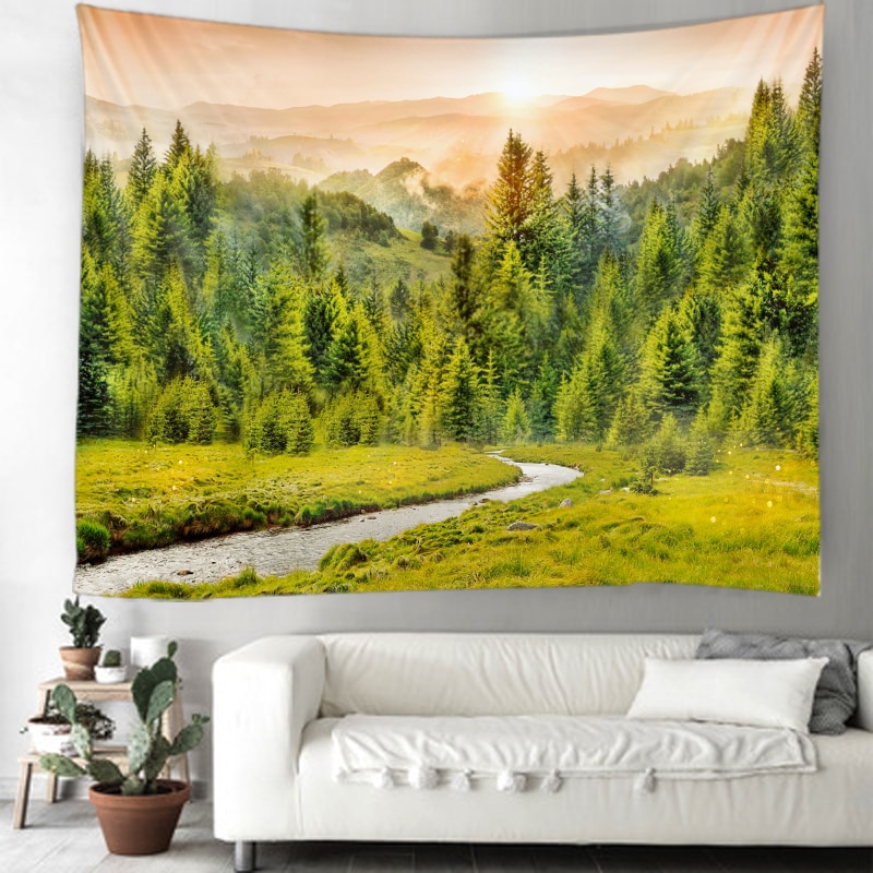 Nature Forest Tapestry Forest Wall Cloth Tapestry in the Sunset Hippie Mandala Tapiz Landscape Home Decoration Tapestry