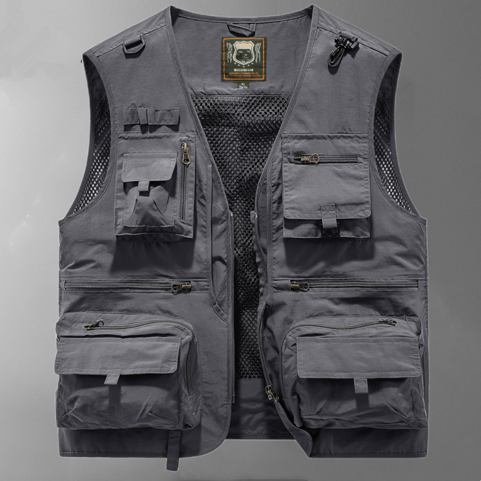 Chaleco con múltiples bolsillos para hombre, abrigo fino para fotografía, pesca, trabajo al aire libre, verano,: 5 XL / Gris