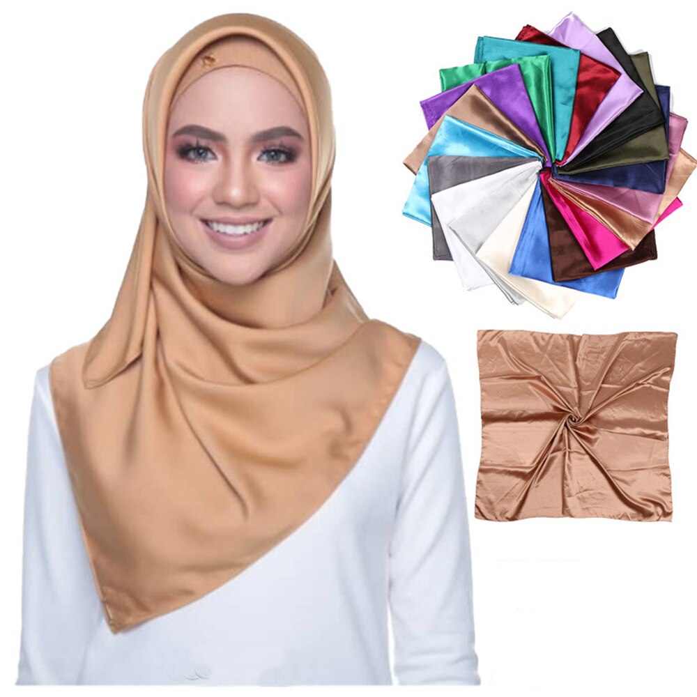 Solid Color Satin Women Scarf 90*90cm Big Wraps Lady Headband Hajib Muslim Female Square Scarf