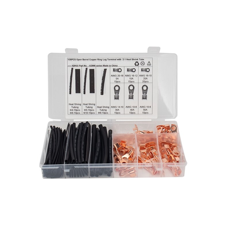 Open Barrel Wire Crimp Copper Ring Lugs Terminal Connector with 2:1 Heat Shrink Tubing Assortment Kit