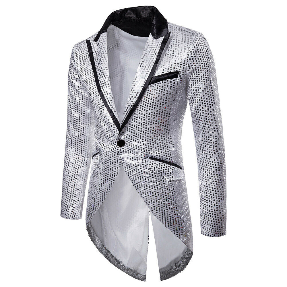 Men's Blazer Male Slim Fit Formal Office Business Single Button Glitter Sequins Dovetail Suit Blazer Plus Size: Silver / XXL
