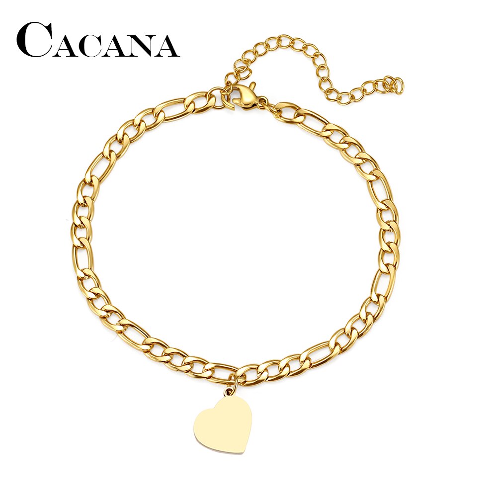 Cacana 316L Rvs Armband Curb Cubaanse Link Goud Kleur Chain Hartvormige Mode Armbanden Voor Mannen Vrouwen Sieraden