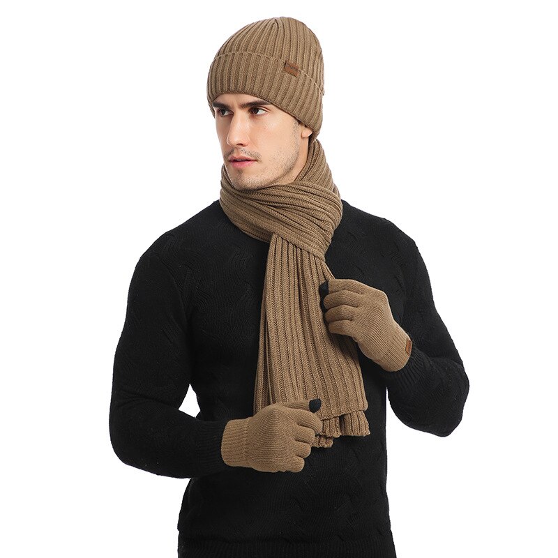 Esportes de inverno correndo quente malha cachecol gorro chapéu e luvas definir masculino macio elástico chapéu cachecol e luvas conjunto