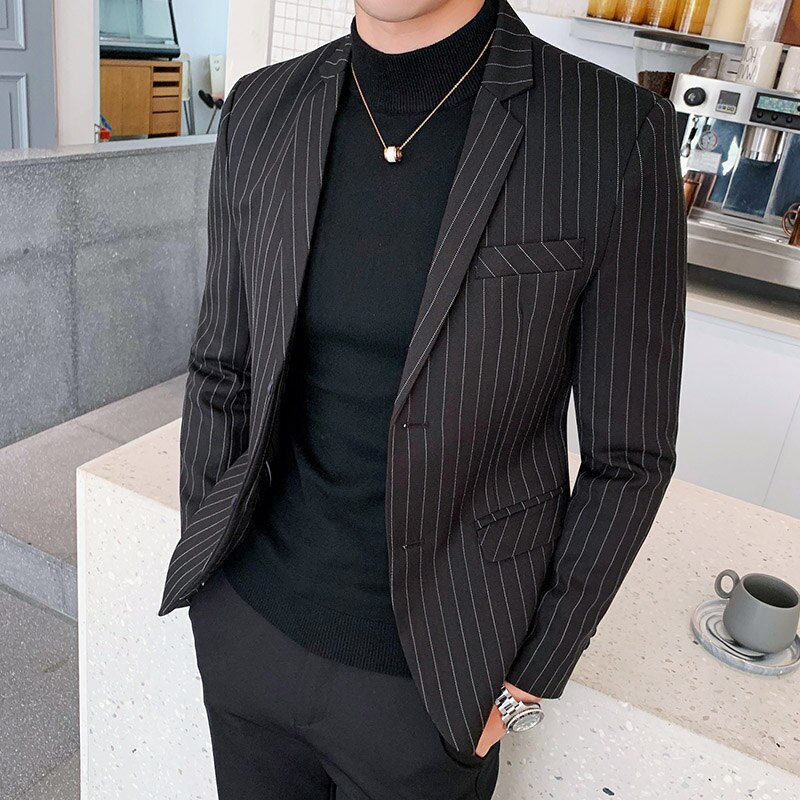 Black White Stripe Men Blazer Masculino Business Social Slim Fit Men Suit Jacket Homens Blazer Male Stylish Blazers For Men: Black / Korean M