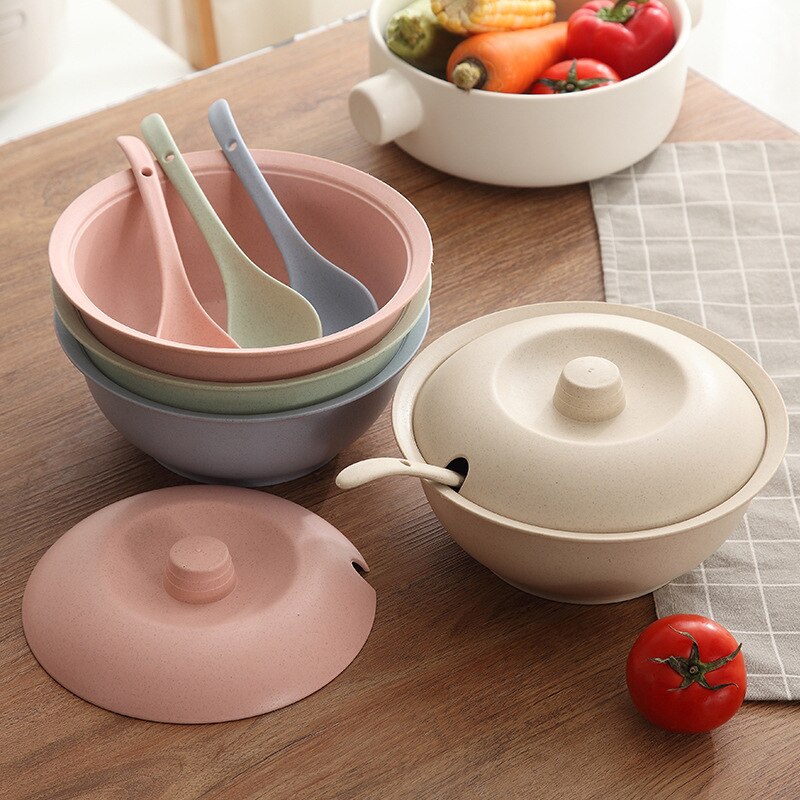 Wheat Straw Soup Bowl Set Household Anti-fall Big Soup Bowl with Lid + Spoon Soup Pot Set Household Kitchen Supplies