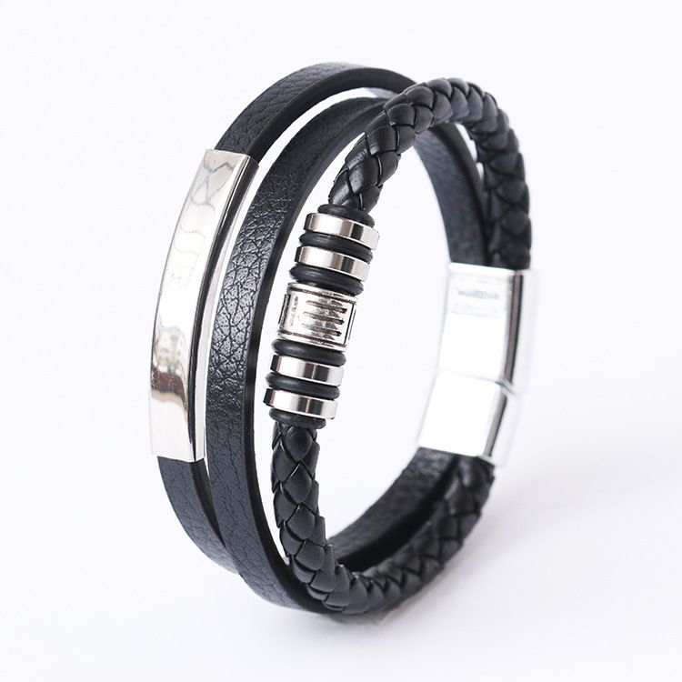 Men's Musical Symbol Leather Bracelet Vintage Men's Bracelet Music Symbol Simple Leather Multi-Layer Bracelet: Black Zinc Plated