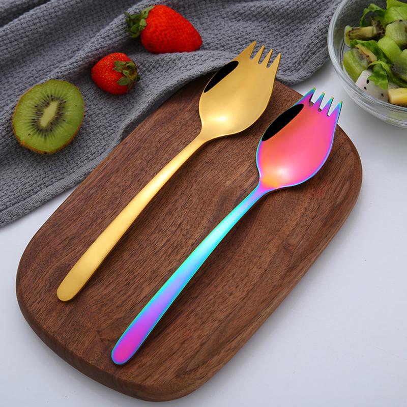 Tenedor y combinación de cuchara 2 en 1, vajilla de acero inoxidable de alta gama para ensalada, tenedor para Noodles, cuchara para sopa, cubiertos creativos para alimentos