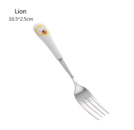 1pc tecknad söt kattgaffel rostfritt stål långt handtag omrörningssked fruktgaffel kaffesked keramiskt handtag: Lejon
