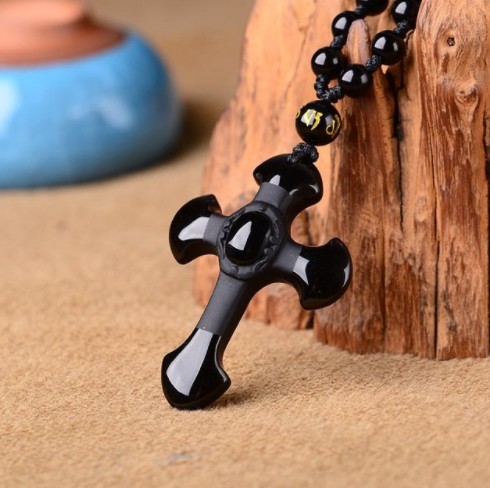 jewelry Obsidian Pendant Necklace Cross Pendant Jewelry for Men Womens Pendants: with black chain