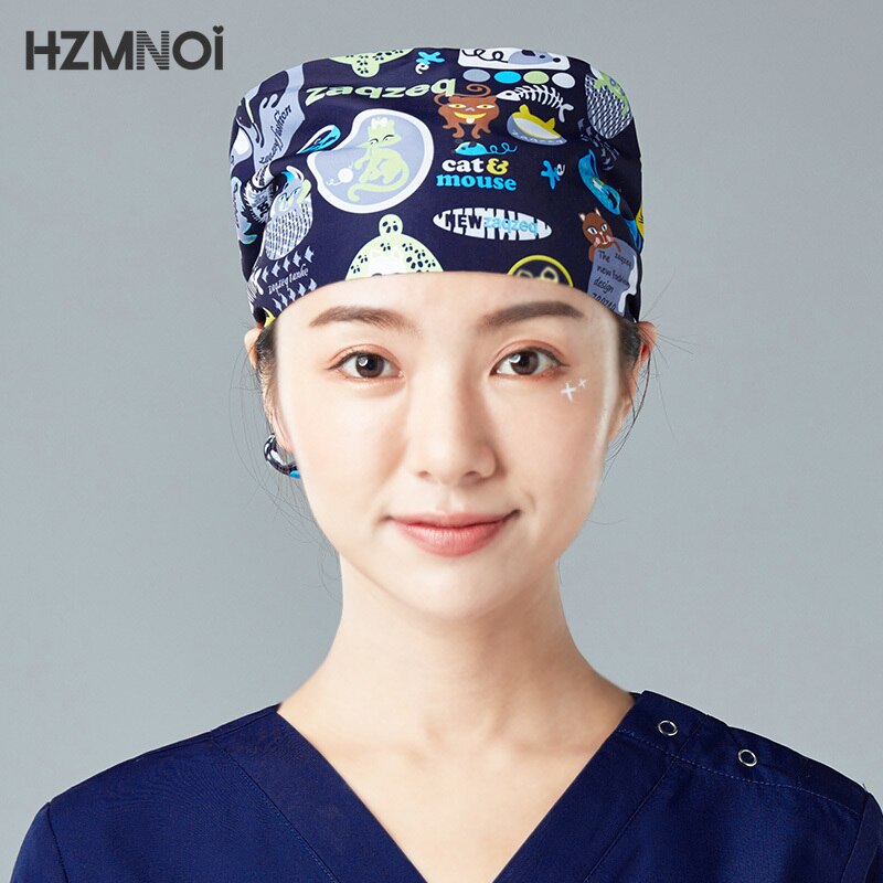 Dunkelblau Baumwolle Arzt Hut Cartoon Tier Krankenschwester Kosmetikerin Peeling Hut Hohe Kürbis Hut Chef Staub Turban Unisex