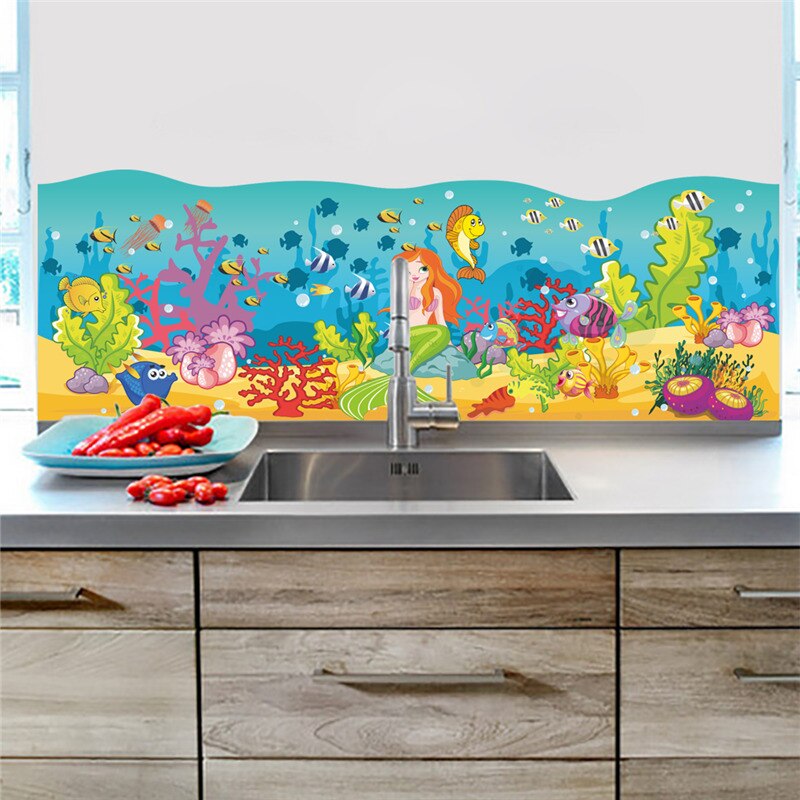 Mermaid Fishes Sealife Wall Stickers For Kids Room Bathroom Baseboard Home Decoration 3d Animal Mural Art Waterproof Pvc Decals