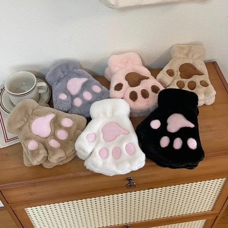 Jolies gants en peluche patte de chat, mitaines en peluche, chaudes et douces, courtes, sans doigts, ours pelucheux, Costume, gants demi-doigt