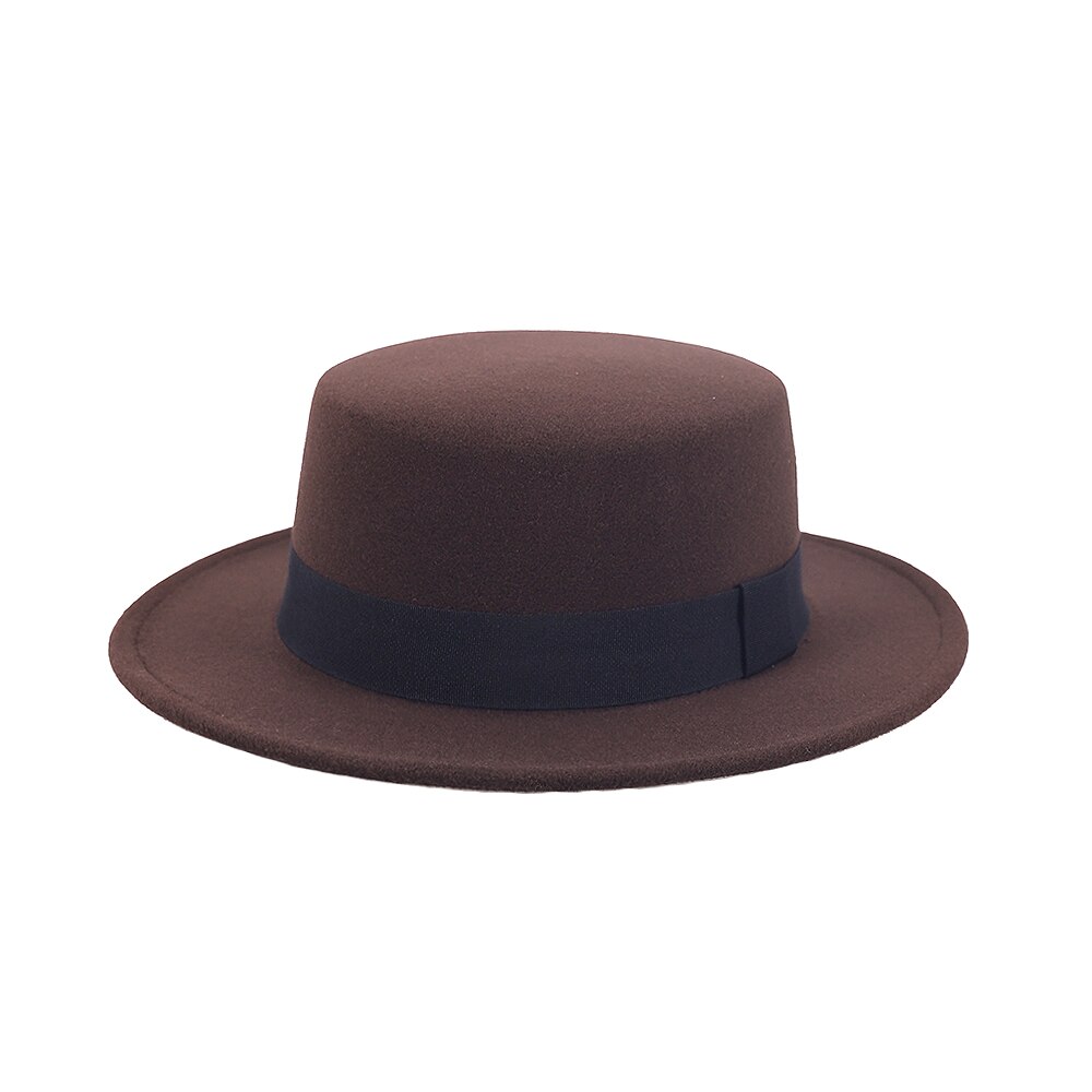 Platt hög hatt dam herr filt bred brättad fedorahatt laday prok pie chapeu de feltro bowler gambler topp hatt: Brun