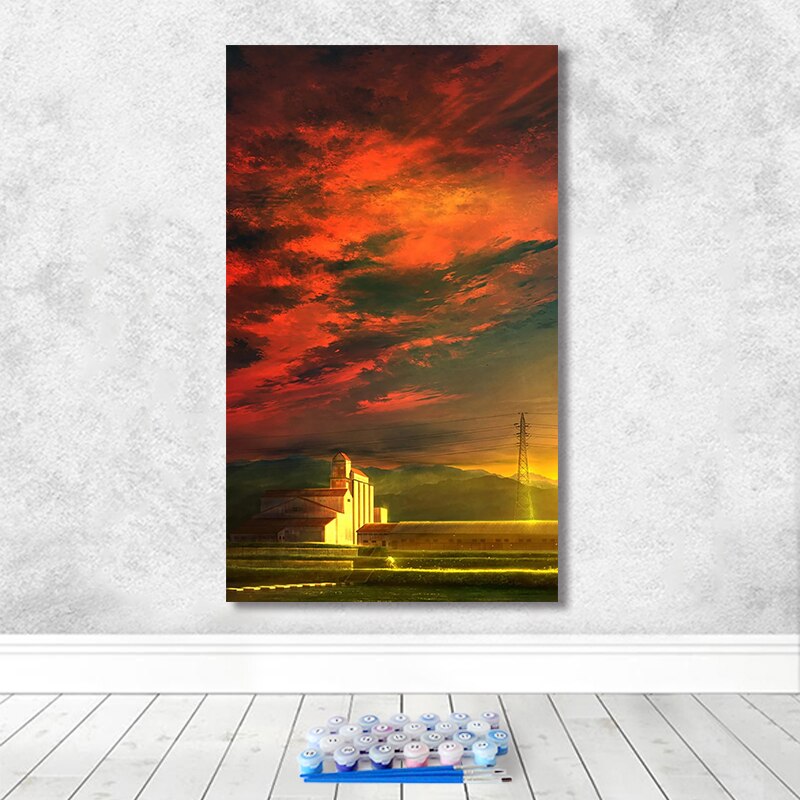 Schilderen op nummer kunst handgetekende illustratie landschap schemering lucht roze wolken huis gang decoratief schilderij: 7550 / 48 x 80cm zonder frame