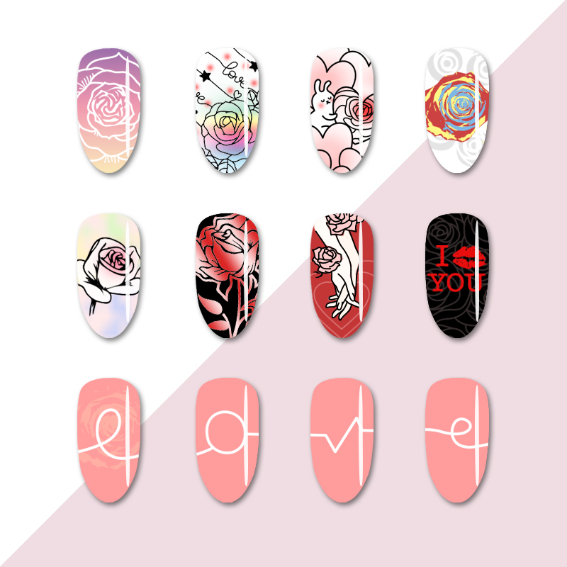 Født smuk rektangel negle stempling plade gitter hjerte nail art billede skabelon gør-det-selv dekoration valentinsdag  l008