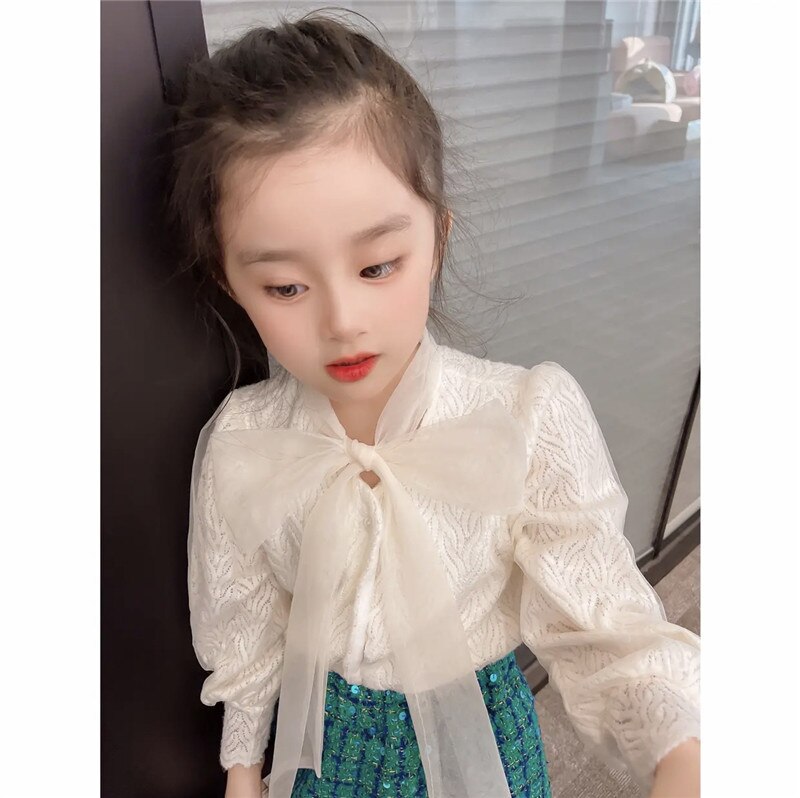 Tops de Color blanco para niña, camisa de blusa para niño, Tops para niña, ropa de primavera, trajes con lazo, ropa para niño 2022: 4T SIZE 110