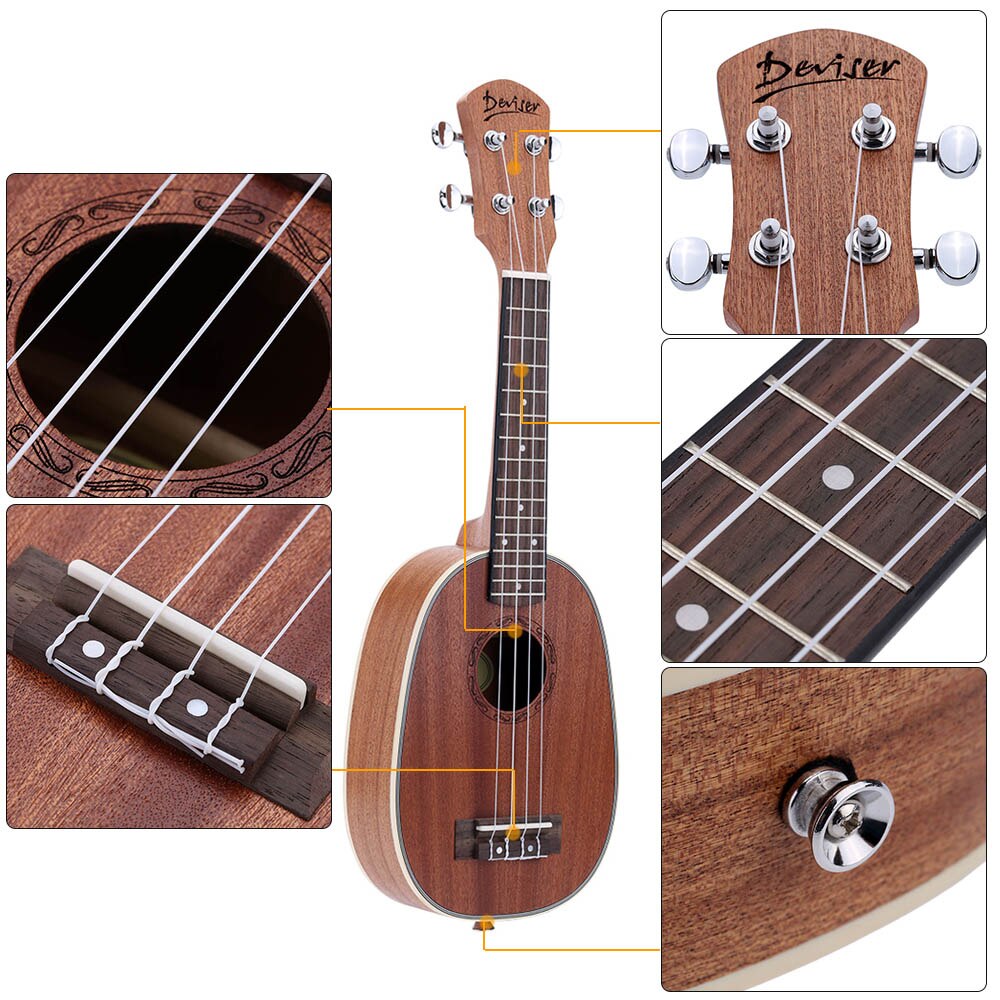 21" Pineapple-shaped Soprano Ukulele Durable Sapele Ukulele Ukelele Matte 4 Nylon Strings Rosewood Fingerboard