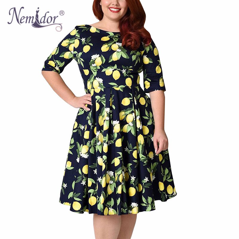 Nemidor kvinder 1950s vintage halværmer plus størrelse 8xl 9xl print a-line kjole sexet v-lav ryg fest midi swing kjole