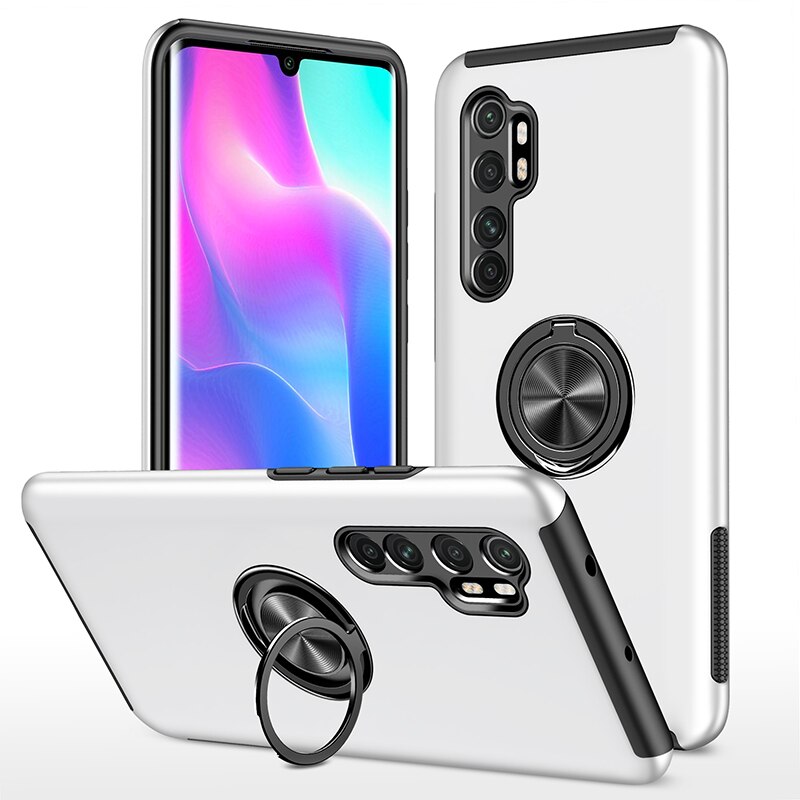 Coque blindée antichoc pour Xiaomi Mi Note 10 Lite, avec anneau métallique magnétique et support de protection arrière: Silver